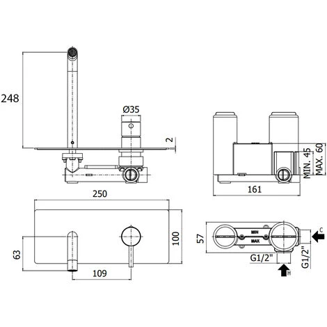 Mitigeur Lavabo à Encastrer Avec Plaque En Acier Et Bec Mural 248 Mm Paffoni Light Chrome 4 Mitigeur Lavabo à Encastrer Avec Plaque En Acier Et Bec Mural 248 Mm Paffoni Light Chrome – Image 2