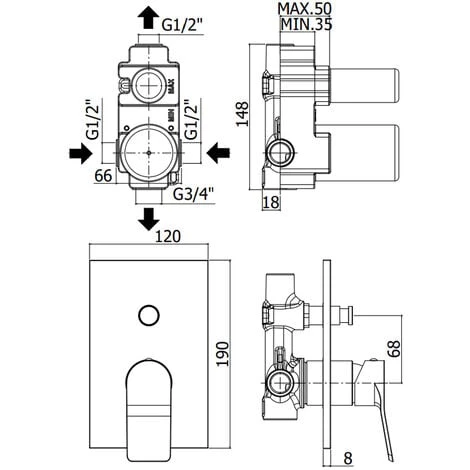 Mitigeur De Douche à Encastrer à Deux Sorties Avec Inverseur Pneumatique Modèle Tilt Paffoni Chrome 4 Mitigeur De Douche à Encastrer à Deux Sorties Avec Inverseur Pneumatique Modèle Tilt Paffoni Chrome – Image 2