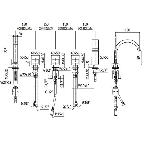 Mitigeur Bain 5 Trous Sur Gorge Avec Bec à Levier Plat Paffoni Level 4 Mitigeur Bain 5 Trous Sur Gorge Avec Bec à Levier Plat Paffoni Level – Image 2
